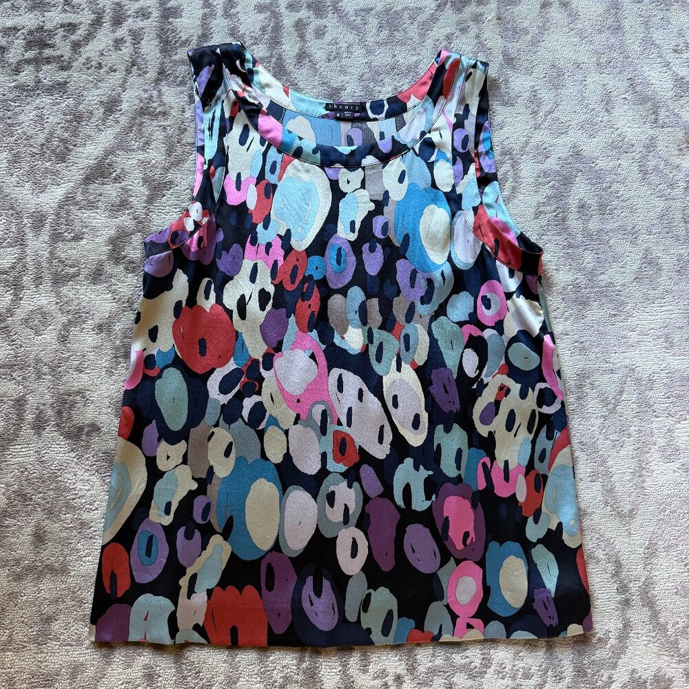 Theory Silk Black Multi Color Abstract Tank